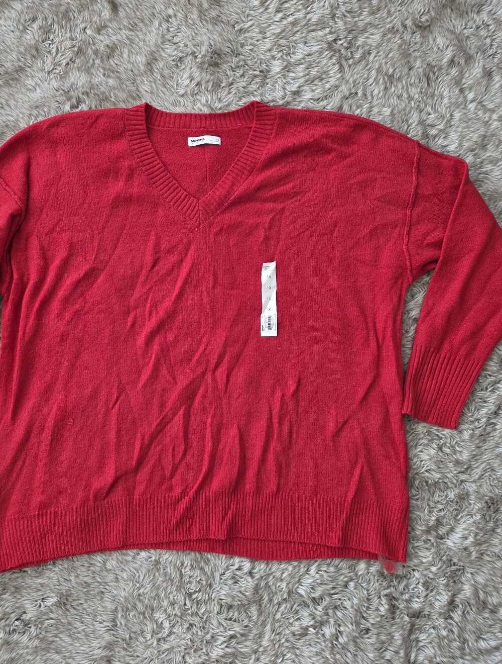 Sonoma Velveteen Bouquet Red V-Neck Long Sleeve Sweater Women's Size 1X
